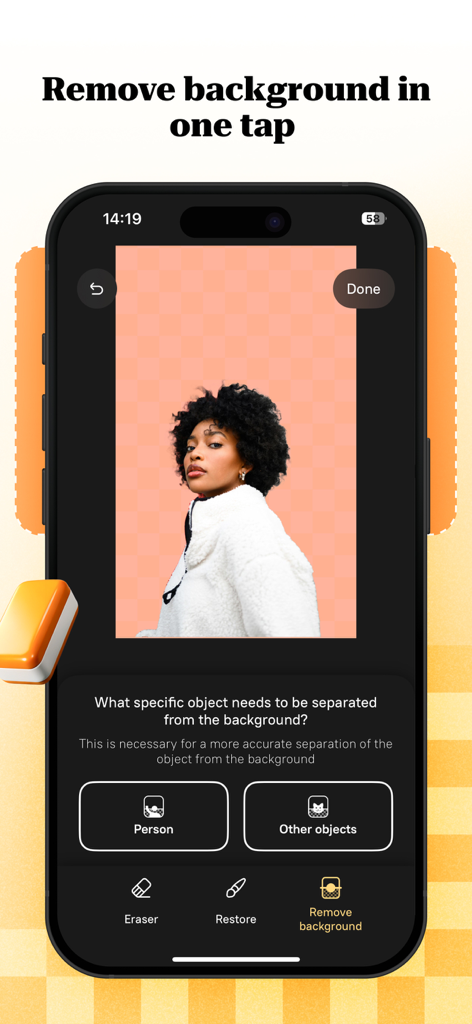 Add text to photo: Pastel - Pastel写真編集アプリの背景除去機能が表示されたスマートフォン