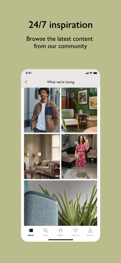 Der Community-Inspirations-Feed der John Lewis App zeigt Fotos von Mode und Wohnkultur.