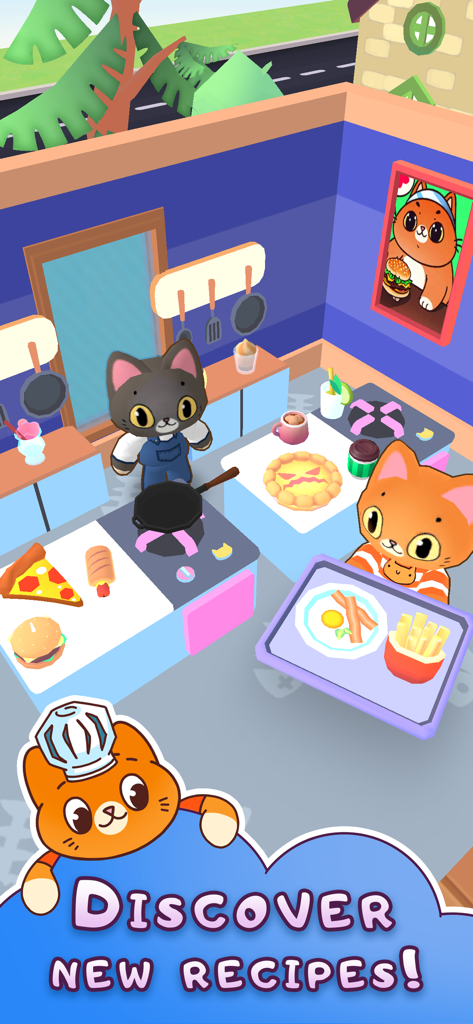 Simba Cafe - Two cute cat characters preparing various food dishes in a colorful cafe kitchen