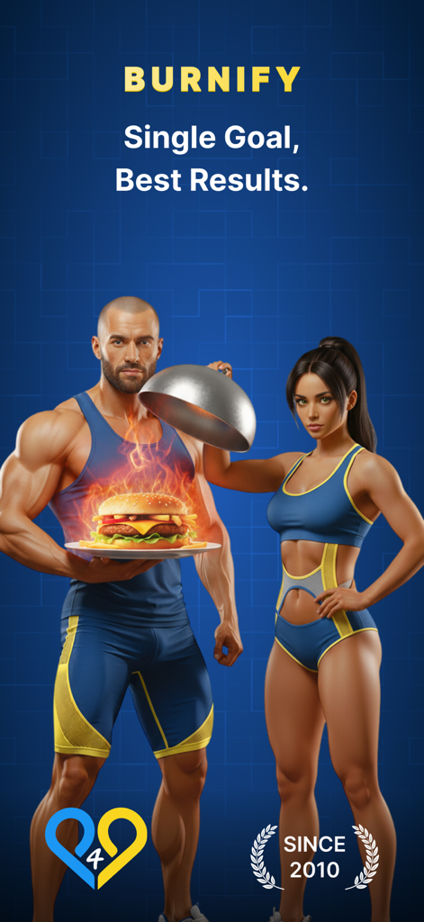 P4P Burnify: Weight Loss Plan - Pantalla de marketing de la aplicación de fitness Burnify que muestra a un hombre musculoso sosteniendo una hamburguesa en llamas y a una mujer en forma