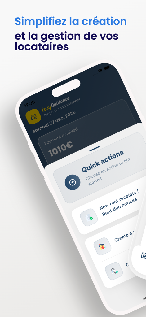 EQ: Rent Receipt & Management - Mobile interface of the EQ Rent Receipt and Management app showing quick actions for property owners