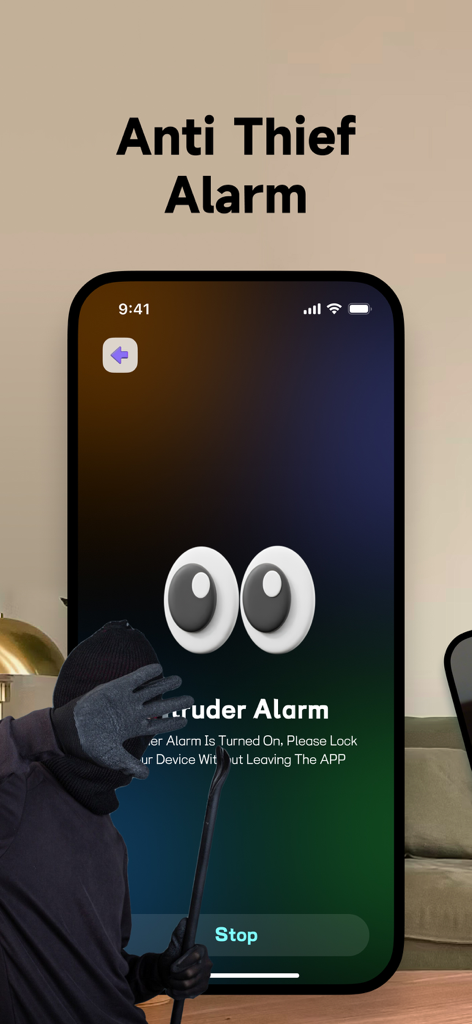 ClapFinder : Clap Find Phone - Interface of the ClapFinder app showing the Anti Thief Alarm and an intruder alert screen