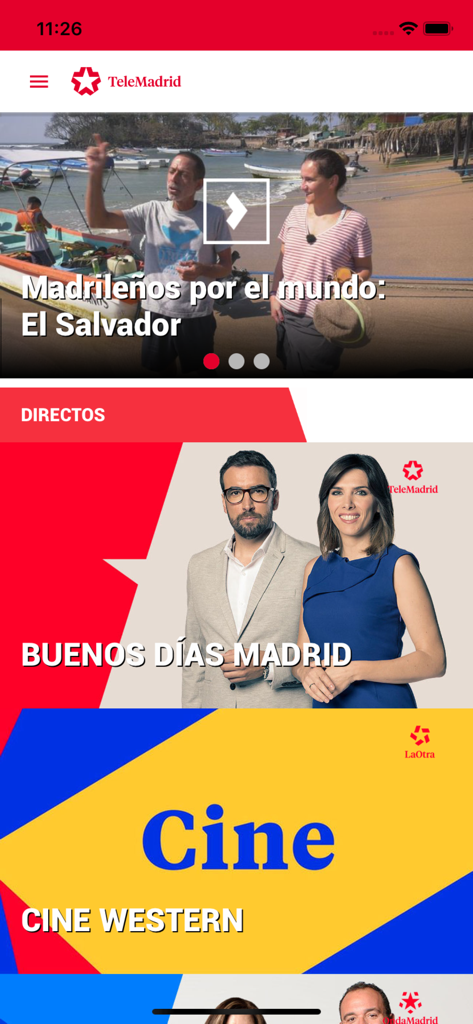 Telemadrid.es - Interfaz de la aplicación Telemadrid mostrando programas de noticias en vivo y categorías de películas y programas de viajes mundiales