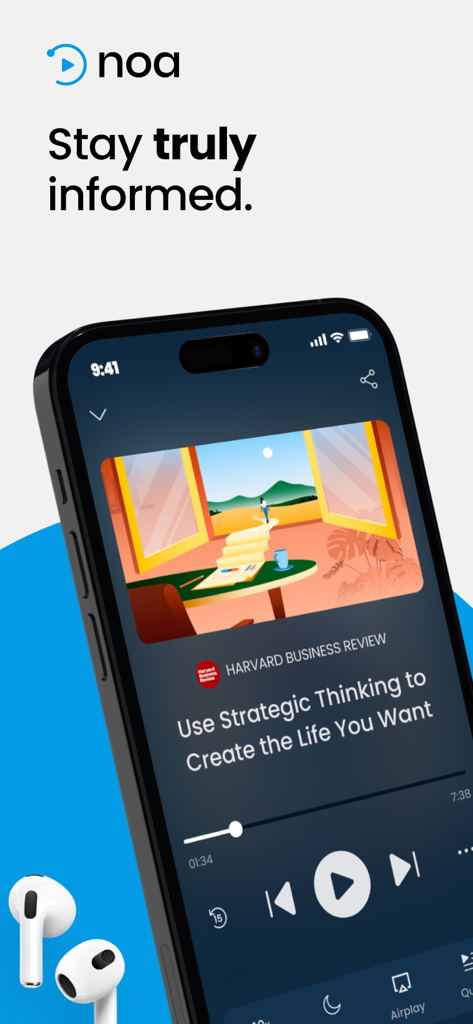 Noa: Listen to audio articles - AirPodsの隣にある、Harvard Business Reviewのオーディオ記事を表示したiPhone上のNoaアプリのインターフェース
