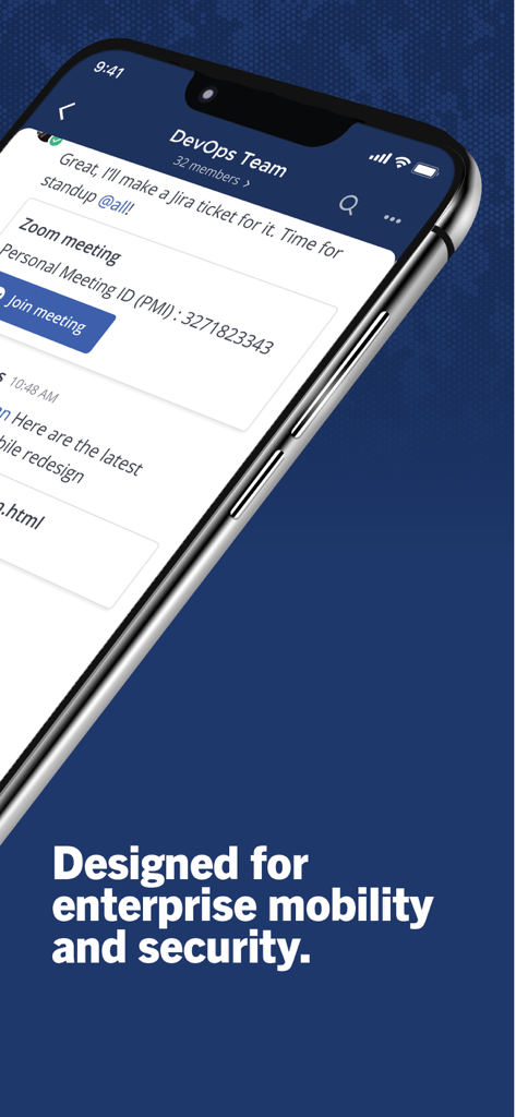 Mattermost - Interfaz de la aplicación Mattermost mostrando un chat del equipo DevOps con integraciones de Jira y Zoom, enfocado en la seguridad empresarial.