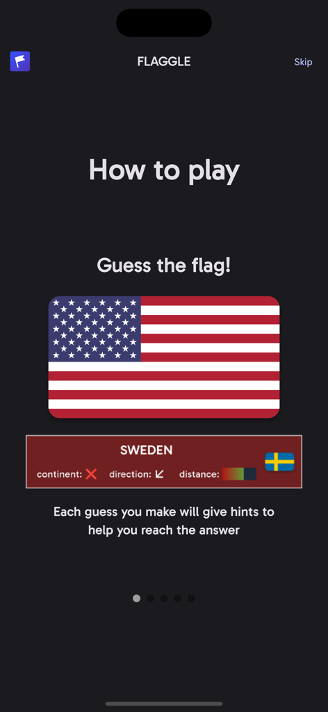 Flaggle - Flaggle app tutorial screen showing the daily flag guessing mechanics and geographic hints