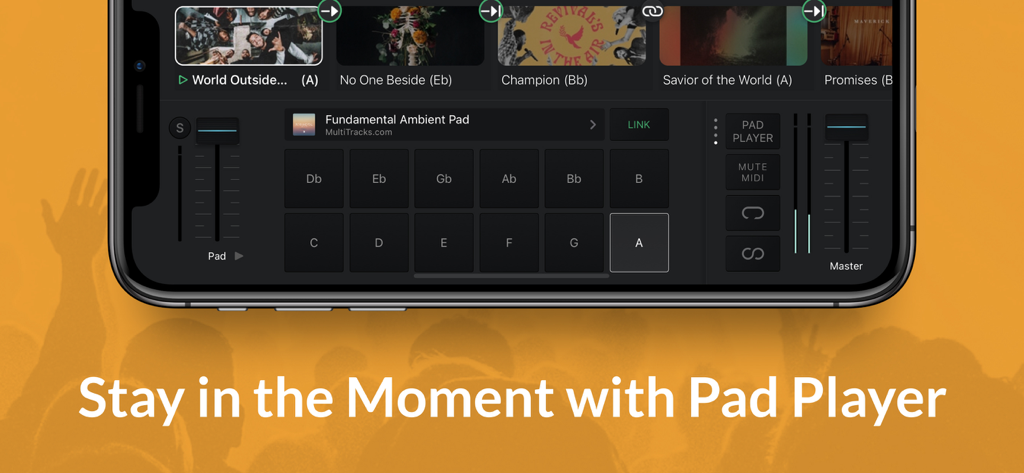 Interfaccia Pad Player dell'app Playback che mostra le chiavi ambientali e i controlli del volume per la musica di culto