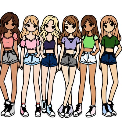 a group of girls wearing crop tops and shorts