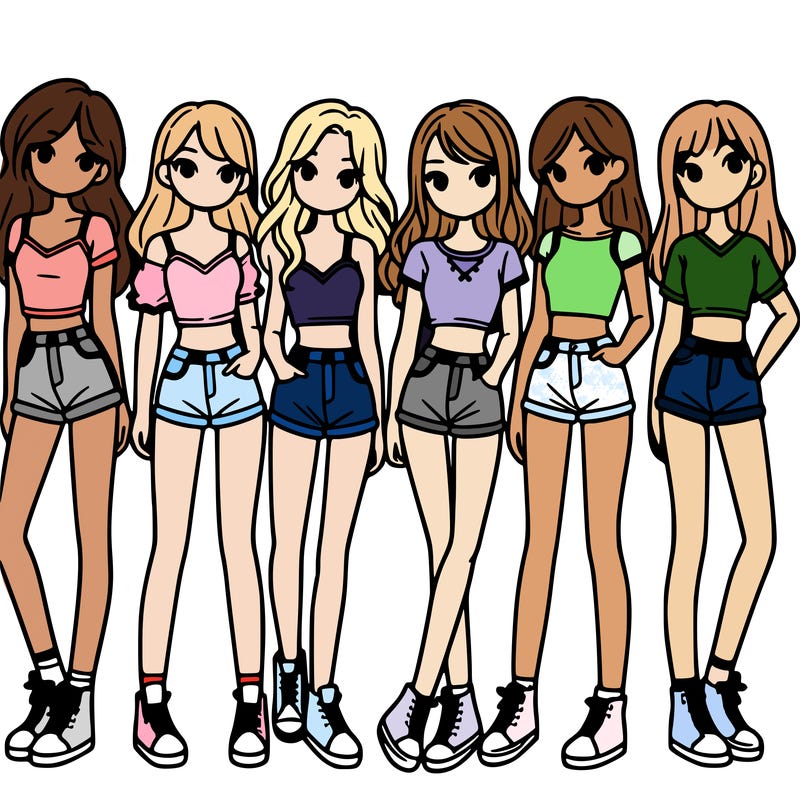 a group of girls wearing crop tops and shorts