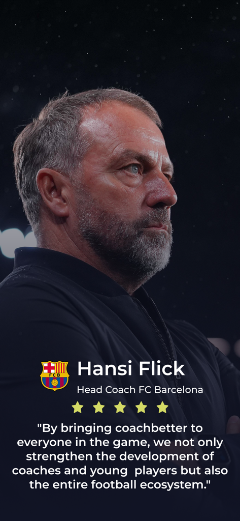 coachbetter - Hansi Flick Head Coach of FC Barcelona endorsing coachbetter app with a five star rating and testimonial