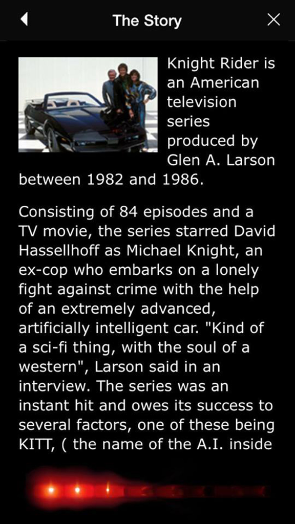 Una captura de pantalla de la aplicación KITT que muestra la historia y la información del elenco de la serie de televisión Knight Rider