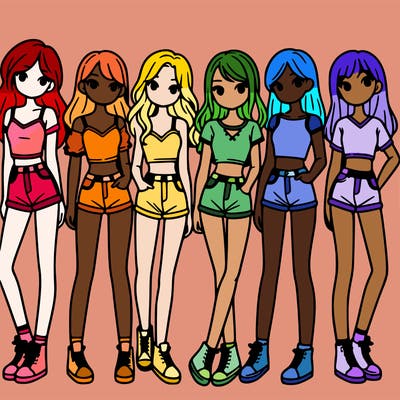a group of girls wearing crop tops and shorts