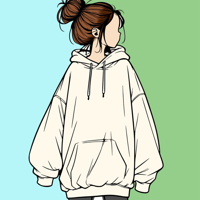 realistic girl with a oversized sweatshirt on and a bun