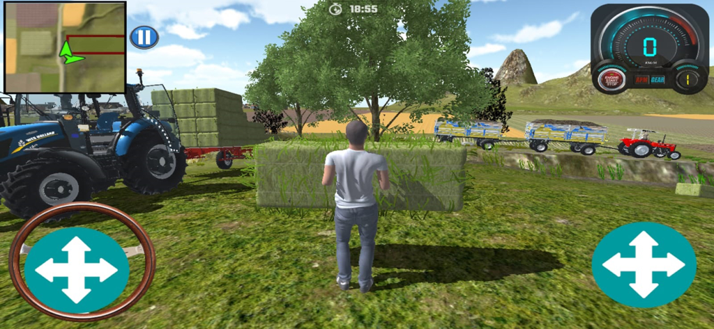 Tractor Forest Farm Simulator - Una persona de pie en un campo junto a un tractor azul y fardos de heno en Tractor Forest Farm Simulator.