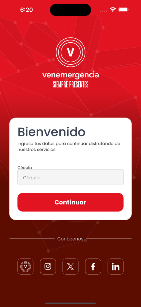 Venemergencia - Venemergencia mobile app welcome screen with login field for ID number
