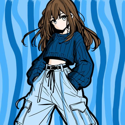 anime teen girl with baggy pants and crop top with sweater