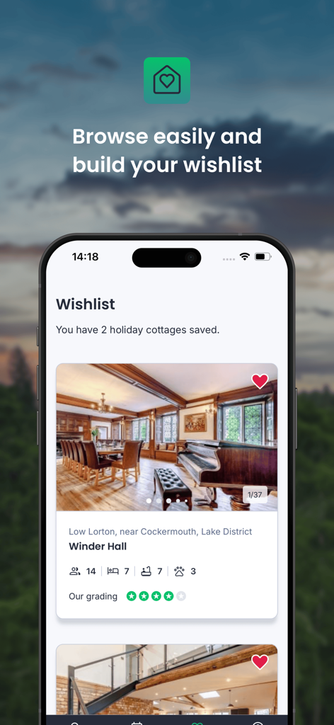 Schermata wishlist sull'app holidaycottages che mostra un cottage di lusso nel Lake District