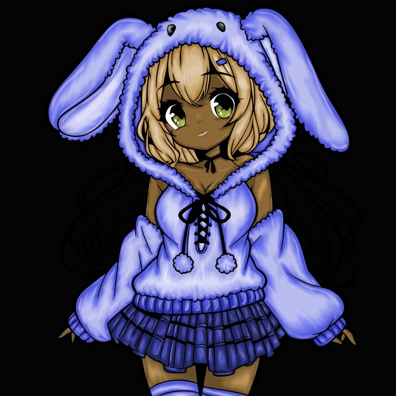 pretty anime girl wearing a fluffy hoodie with bunny ears on the hood and a skirt