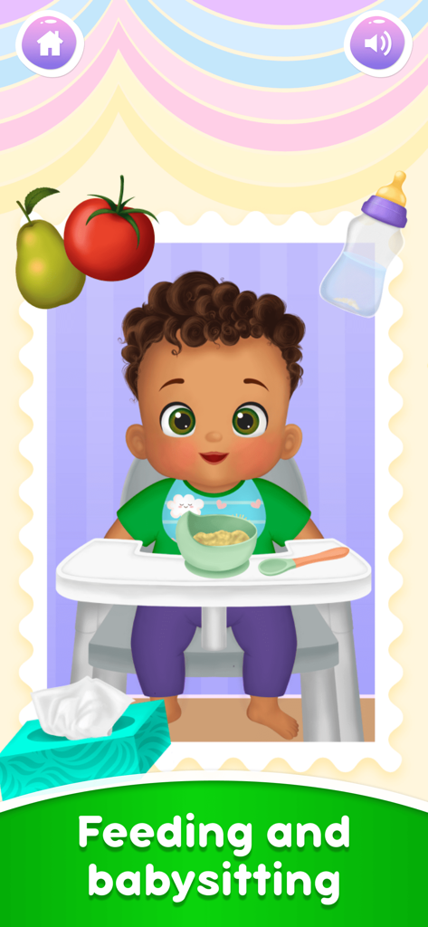 Un bebé sentado en una trona durante la hora de comer en un juego de guardería