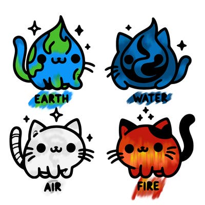 4 cats that represent the different elements, earth, water, air, and fire