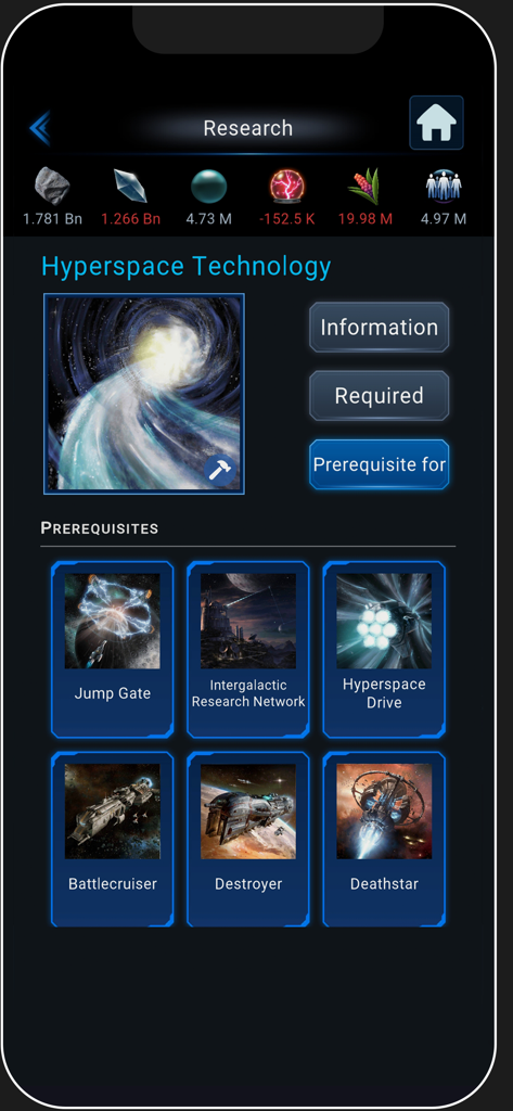 OGame - Menu di ricerca di OGame che mostra i dettagli e i prerequisiti della tecnologia dell'iperspazio