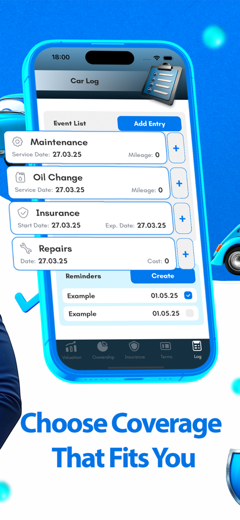 Mobile app screen showing a vehicle maintenance log with sections for oil changes insurance and service reminders