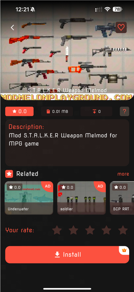 Addons & Melon Mods - Captura de pantalla de la app Addons y Mods de Melón presentando un paquete de armas STALKER para Melon Playground