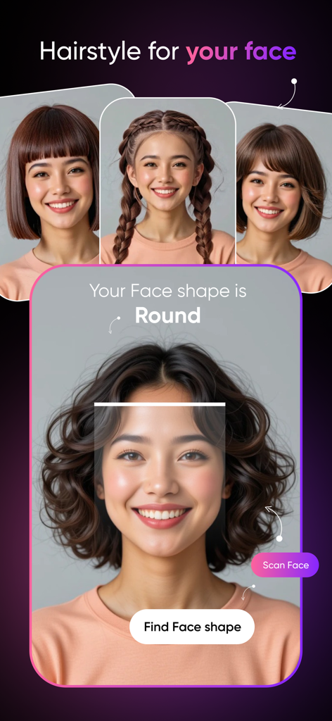 Hair Color Changer : AI Hair - Aplicación de peinado con IA que muestra un escáner de forma facial identificando una cara redonda y sugiriendo cortes de pelo adecuados.