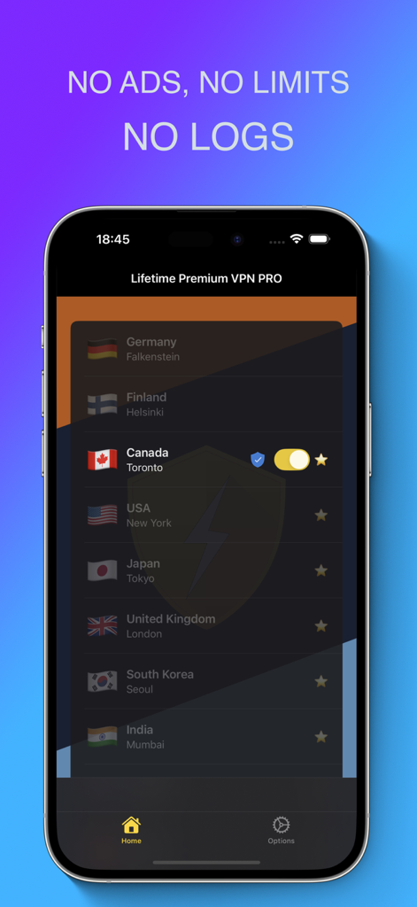 Écran de smartphone affichant une liste des emplacements de serveurs internationaux dans l'application VPN Premium PRO à Vie