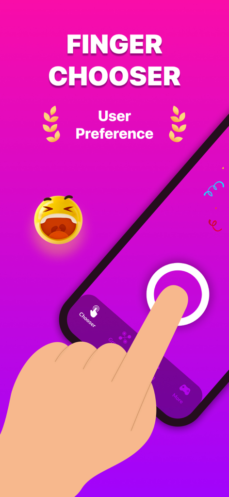Finger Chooser: Party Picker - Finger Chooser app interface showing a hand touching the screen with a user preference header