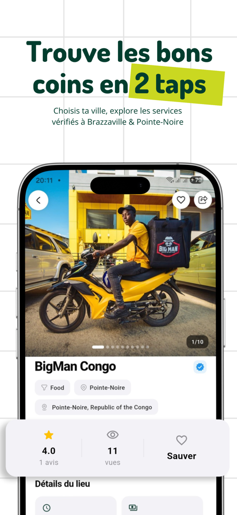 Waza app - Captura de pantalla de la aplicación Waza que muestra un listado de negocios verificado para el servicio de entrega BigMan Congo en Pointe-Noire.
