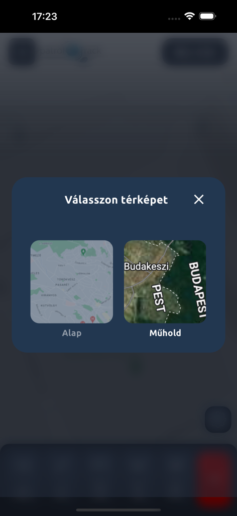Oberfläche der patrolTrack-App, die ein Popup-Menü mit der Auswahl zwischen Standard- und Satellitenkartenansichten für die Flottenverfolgung anzeigt.