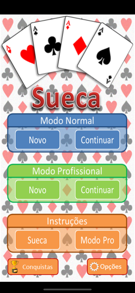 Main menu screen of the Sueca Portuguesa card game app with options for normal and professional modes