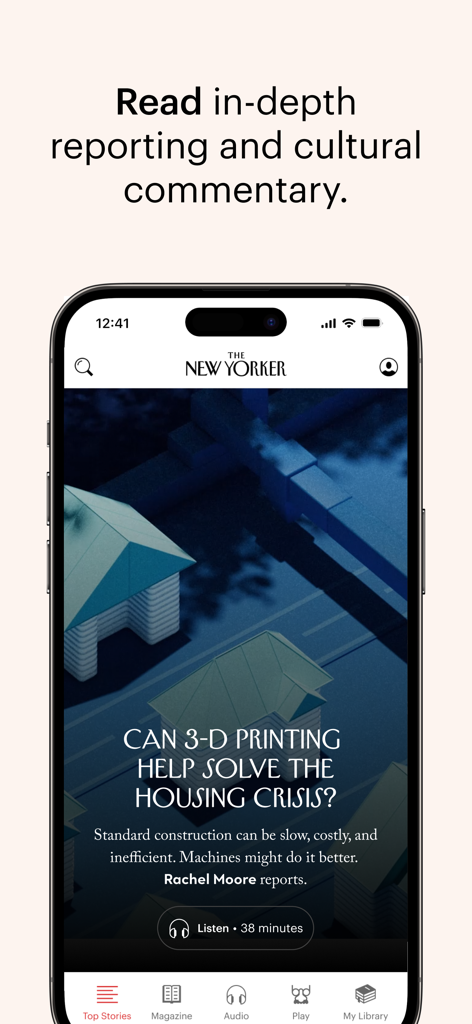 The New Yorker mobile app displaying an article about 3D printing and the housing crisis