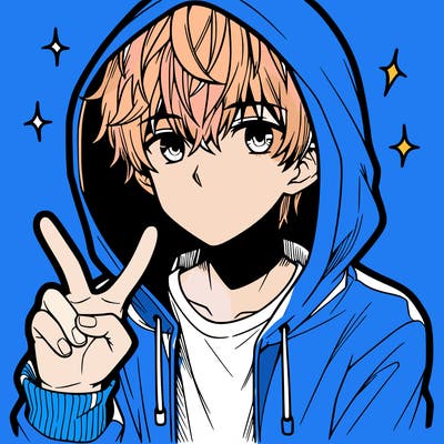 teenage manga boy in a hoodie, doing ✌