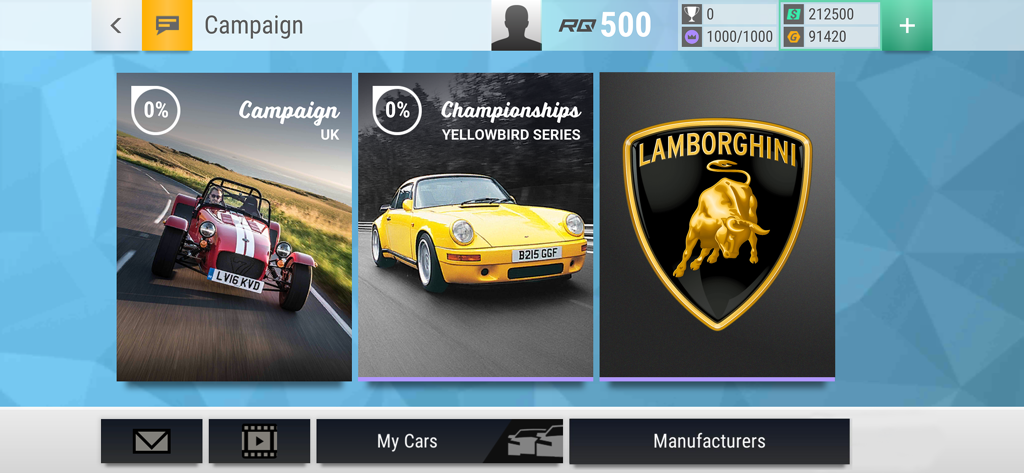 Top Drives - Car Race Battles - Top Drives menu screen showing Campaign UK Championships and Lamborghini manufacturer selection
