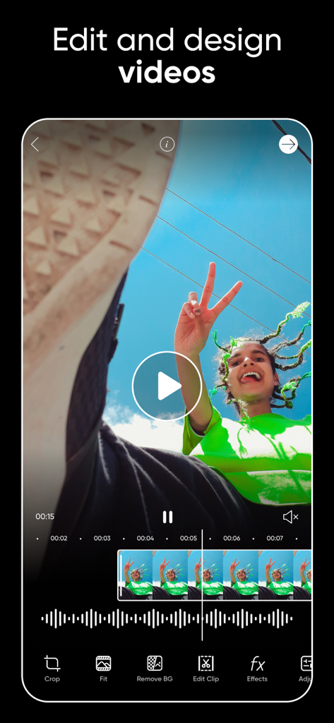 A smartphone screen showing the Picsart mobile app video editor interface with tools for cropping and adding effects