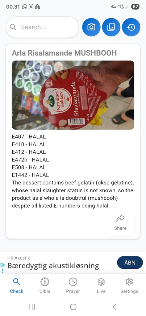 Halal Check حلال - Screenshot of Halal Check app showing a product scan result classified as Mushbooh with E-number details.