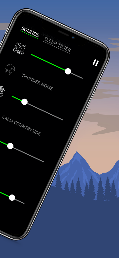 Nature Sounds : Sleep & Relax - Pantalla de smartphone que muestra la interfaz de la aplicación Sonidos de la Naturaleza con controles deslizantes de volumen para diferentes sonidos relajantes.