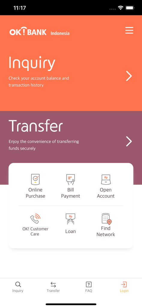 OK BANK Mobile - The main dashboard of the OK BANK Mobile app showing inquiry and transfer features