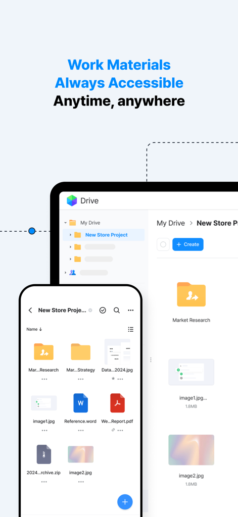 Interface do aplicativo móvel LINE WORKS Drive em smartphone e tablet mostrando gerenciamento de arquivos na nuvem