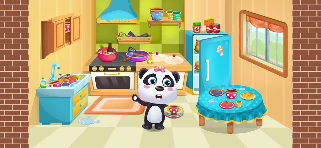 Cleanup Home: Cleaning Games - Sweet Panda Kute in a messy kitchen with dirty dishes