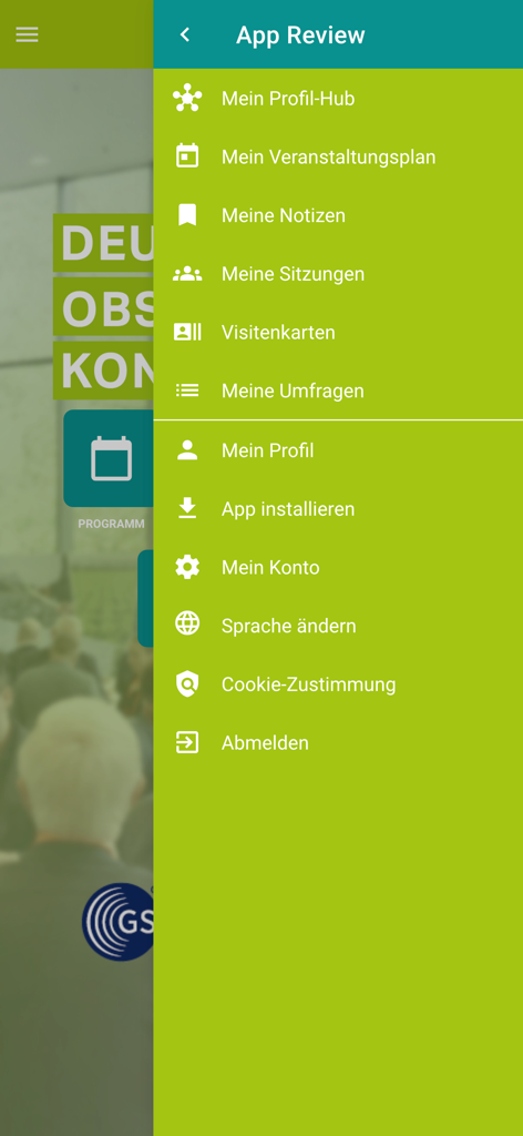 DOGK Event App - Side navigation menu of the DOGK Event App showing personal schedule and profile settings in German.