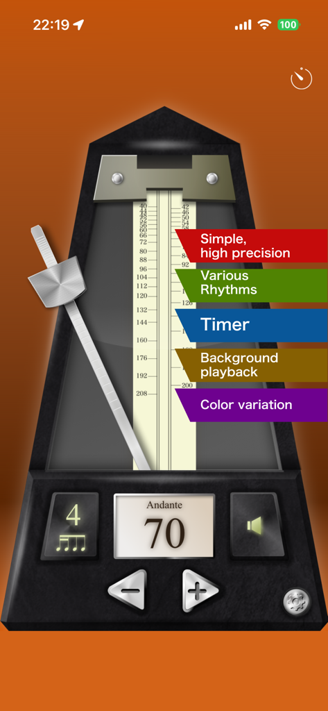 Mechanische Metronom-Benutzeroberfläche der Metronom Lite von Piascore App mit Tempo- und Rhythmuseinstellungen.
