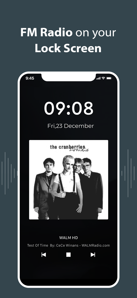 Pantalla de bloqueo del smartphone que muestra la interfaz del reproductor de radio FM con controles de reproducción de música e información de la emisora.