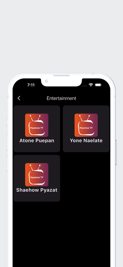 Myanmar TV Plus app entertainment category showing Burmese television programs
