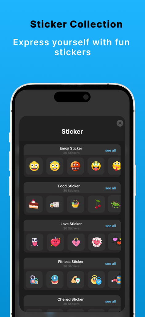 Schermata dell'app Tele Messenger che visualizza varie categorie di sticker tra cui emoji, cibo e sticker d'amore