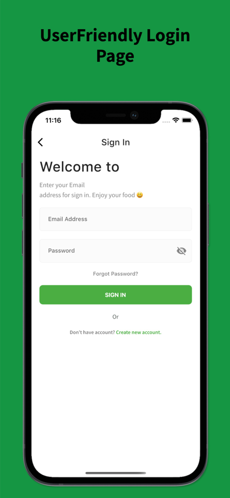 WL food - Sign in screen for WL food delivery app showing email and password input fields on a smartphone