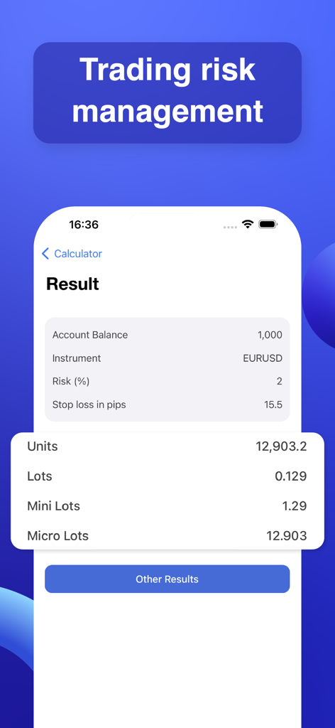 Forex trading risk management app result screen showing lot size calculations for EURUSD