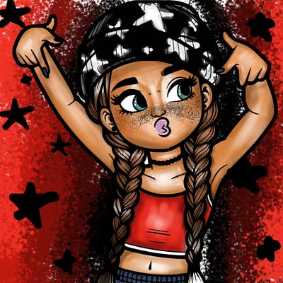 realistic teenage girl with braids and a beanie and crop top doing 🫶🏼